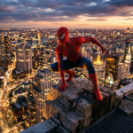 Spider-Man na krawędzi wieżowca nad neonową metropolią. Film bije rekord Avengers. Kultura cyfrowa i gaming, Polska i świat. Heroiczna poza, blask zachodu słońca.