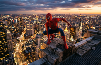 Spider-Man na krawędzi wieżowca nad neonową metropolią. Film bije rekord Avengers. Kultura cyfrowa i gaming, Polska i świat. Heroiczna poza, blask zachodu słońca.