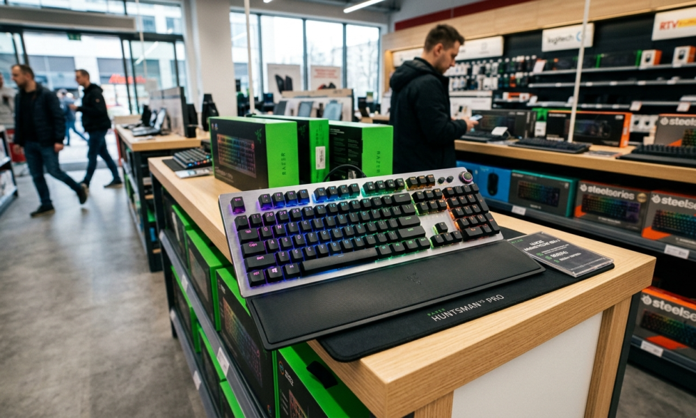 Klawiatura magnetyczna Razer 8KHz z diodami na półce w sklepie elektronicznym. Gamingowy sprzęt wyznaczający nowe standardy odświeżania w kulturze cyfrowej.