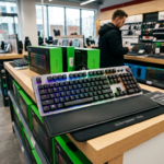Klawiatura magnetyczna Razer 8KHz z diodami na półce w sklepie elektronicznym. Gamingowy sprzęt wyznaczający nowe standardy odświeżania w kulturze cyfrowej.