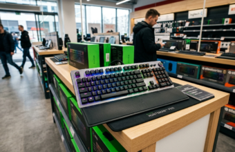 Klawiatura magnetyczna Razer 8KHz z diodami na półce w sklepie elektronicznym. Gamingowy sprzęt wyznaczający nowe standardy odświeżania w kulturze cyfrowej.