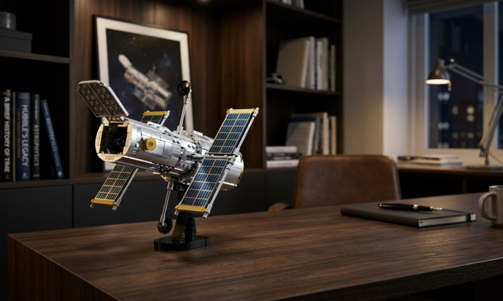 Model LEGO Kosmiczny Teleskop Hubble’a na ciemnym biurku. Srebrne klocki, panele, nowoczesny design lifestyle tech w domowym biurze. Polska i świat.