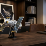 Model LEGO Kosmiczny Teleskop Hubble’a na ciemnym biurku. Srebrne klocki, panele, nowoczesny design lifestyle tech w domowym biurze. Polska i świat.