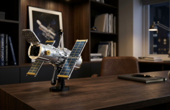 Model LEGO Kosmiczny Teleskop Hubble’a na ciemnym biurku. Srebrne klocki, panele, nowoczesny design lifestyle tech w domowym biurze. Polska i świat.