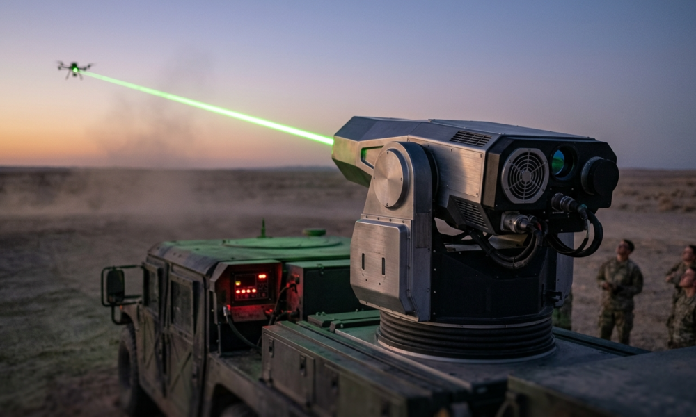 System ASBL niszczy drona wiązką lasera o zmierzchu. Polska i świat: nowoczesna broń laserowa, technologie przyszłości i obrona przeciwlotnicza.
