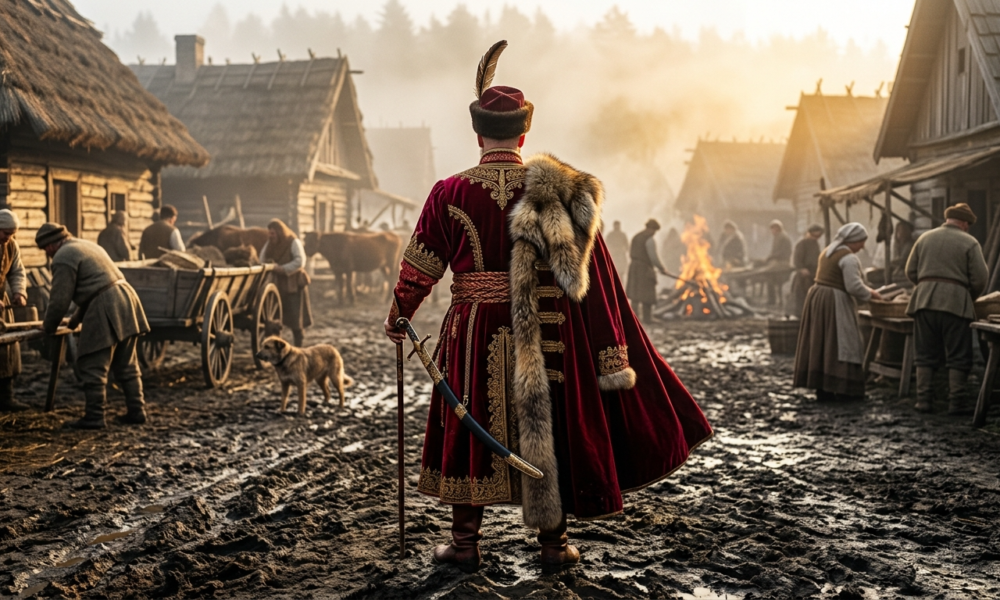 Szlachcic w kontuszu na błotnistym placu wsi w serialu 1670. Sezon 3 polskiej satyry historycznej. Słoneczna mgła, klimat XVII wieku i bogate stroje z epoki.