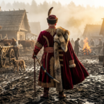 Szlachcic w kontuszu na błotnistym placu wsi w serialu 1670. Sezon 3 polskiej satyry historycznej. Słoneczna mgła, klimat XVII wieku i bogate stroje z epoki.