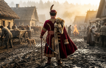 Szlachcic w kontuszu na błotnistym placu wsi w serialu 1670. Sezon 3 polskiej satyry historycznej. Słoneczna mgła, klimat XVII wieku i bogate stroje z epoki.