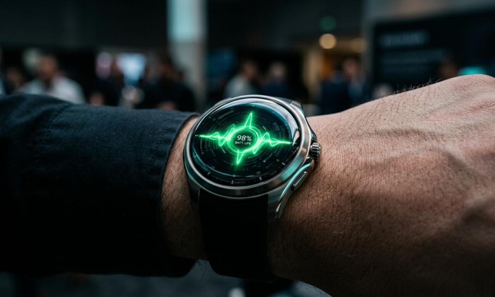 Google Pixel Watch 5 z wydajną baterią. Szklany smartwatch z zielonym impulsem energii na ekranie i metalową ramką. Nowinki techniczne Polska i świat.
