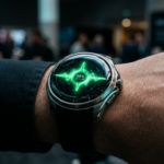 Google Pixel Watch 5 z wydajną baterią. Szklany smartwatch z zielonym impulsem energii na ekranie i metalową ramką. Nowinki techniczne Polska i świat.