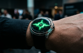 Google Pixel Watch 5 z wydajną baterią. Szklany smartwatch z zielonym impulsem energii na ekranie i metalową ramką. Nowinki techniczne Polska i świat.