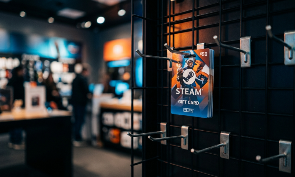 Fizyczna karta podarunkowa Steam platformy Valve na haku wśród pustych wieszaków. Klimatyczne oświetlenie gamingowe. Polska i świat.