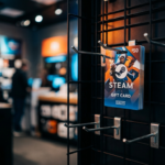 Fizyczna karta podarunkowa Steam platformy Valve na haku wśród pustych wieszaków. Klimatyczne oświetlenie gamingowe. Polska i świat.