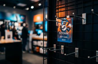 Fizyczna karta podarunkowa Steam platformy Valve na haku wśród pustych wieszaków. Klimatyczne oświetlenie gamingowe. Polska i świat.