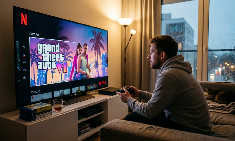 Logo Netflix i rzymska szóstka z gry GTA VI na ekranie telewizora. Premiera zwiastuna Grand Theft Auto VI, trendy Polska i świat.