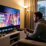 Logo Netflix i rzymska szóstka z gry GTA VI na ekranie telewizora. Premiera zwiastuna Grand Theft Auto VI, trendy Polska i świat.