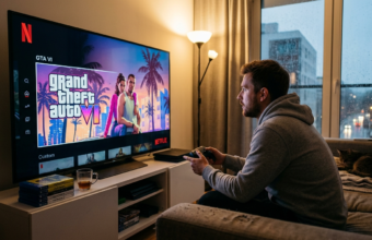 Logo Netflix i rzymska szóstka z gry GTA VI na ekranie telewizora. Premiera zwiastuna Grand Theft Auto VI, trendy Polska i świat.
