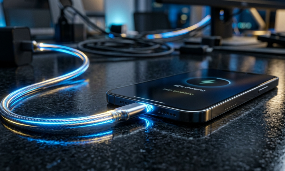 Smartfon Samsung Galaxy S26 FE i szybkie ładowanie USB-C. Niebieskie i złote smugi światła przy porcie na ciemnej powierzchni w nowoczesnym stylu makro.