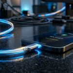 Smartfon Samsung Galaxy S26 FE i szybkie ładowanie USB-C. Niebieskie i złote smugi światła przy porcie na ciemnej powierzchni w nowoczesnym stylu makro.