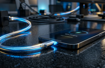 Smartfon Samsung Galaxy S26 FE i szybkie ładowanie USB-C. Niebieskie i złote smugi światła przy porcie na ciemnej powierzchni w nowoczesnym stylu makro.