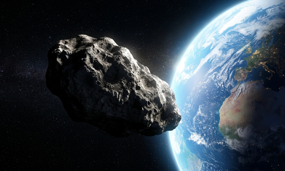 Planetoida 2019 NY2 z kraterami mija krawędź Ziemi w czarnym kosmosie. Słoneczne podświetlenie atmosfery. Polska i świat: nauka i technologie przyszłości.