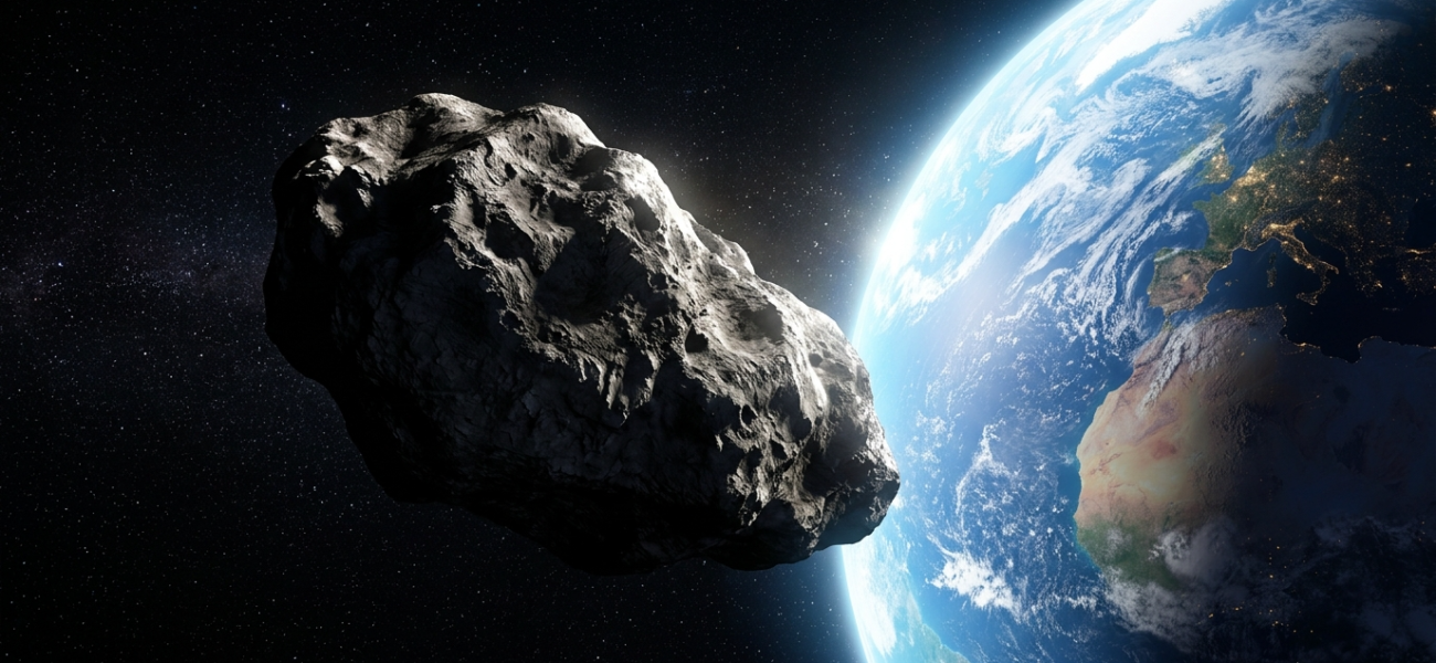 Planetoida 2019 NY2 z kraterami mija krawędź Ziemi w czarnym kosmosie. Słoneczne podświetlenie atmosfery. Polska i świat: nauka i technologie przyszłości.