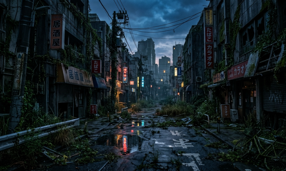 Mroczna gra RPG: wyludniona ulica Tokio w postapokaliptycznej Japonii. Neony w kałużach, mroczny klimat, zarośnięte ruiny. Gaming z serii Polska i świat.