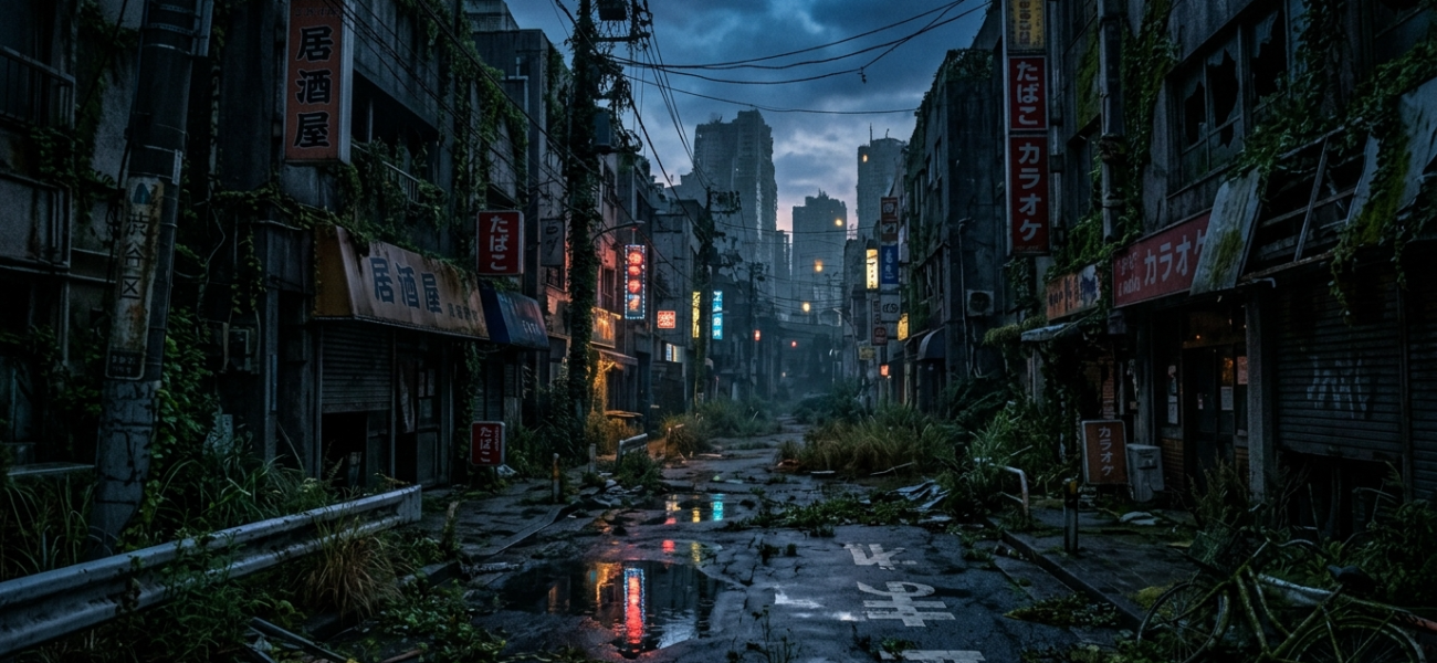 Mroczna gra RPG: wyludniona ulica Tokio w postapokaliptycznej Japonii. Neony w kałużach, mroczny klimat, zarośnięte ruiny. Gaming z serii Polska i świat.