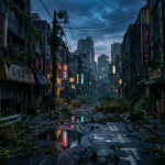 Mroczna gra RPG: wyludniona ulica Tokio w postapokaliptycznej Japonii. Neony w kałużach, mroczny klimat, zarośnięte ruiny. Gaming z serii Polska i świat.