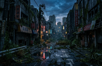 Mroczna gra RPG: wyludniona ulica Tokio w postapokaliptycznej Japonii. Neony w kałużach, mroczny klimat, zarośnięte ruiny. Gaming z serii Polska i świat.