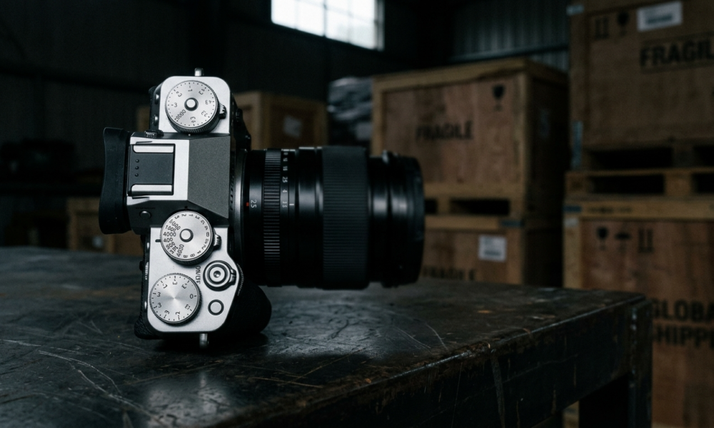 Aparat Fujifilm X-T6 retro na ciemnym blacie. Rozmyte tło oznacza błędy autofokusa i opóźnione dostawy. Polska i świat, nowoczesne gadżety fotograficzne.