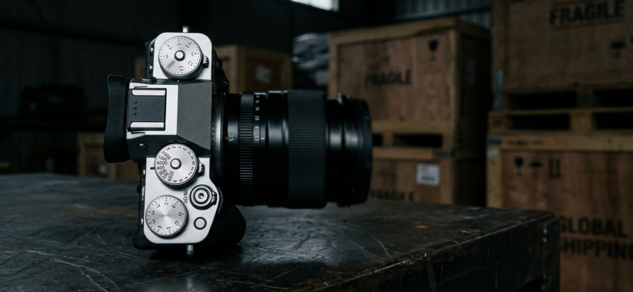 Aparat Fujifilm X-T6 retro na ciemnym blacie. Rozmyte tło oznacza błędy autofokusa i opóźnione dostawy. Polska i świat, nowoczesne gadżety fotograficzne.