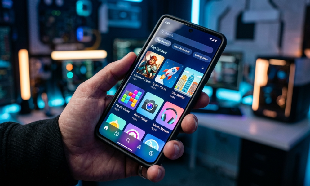 Smartfon z interfejsem Aptoide Games w Google Play trzymany w dłoni. Kolorowe gry mobilne, neonowe światło i zakrzywiony ekran. Nowinki Polska i świat.