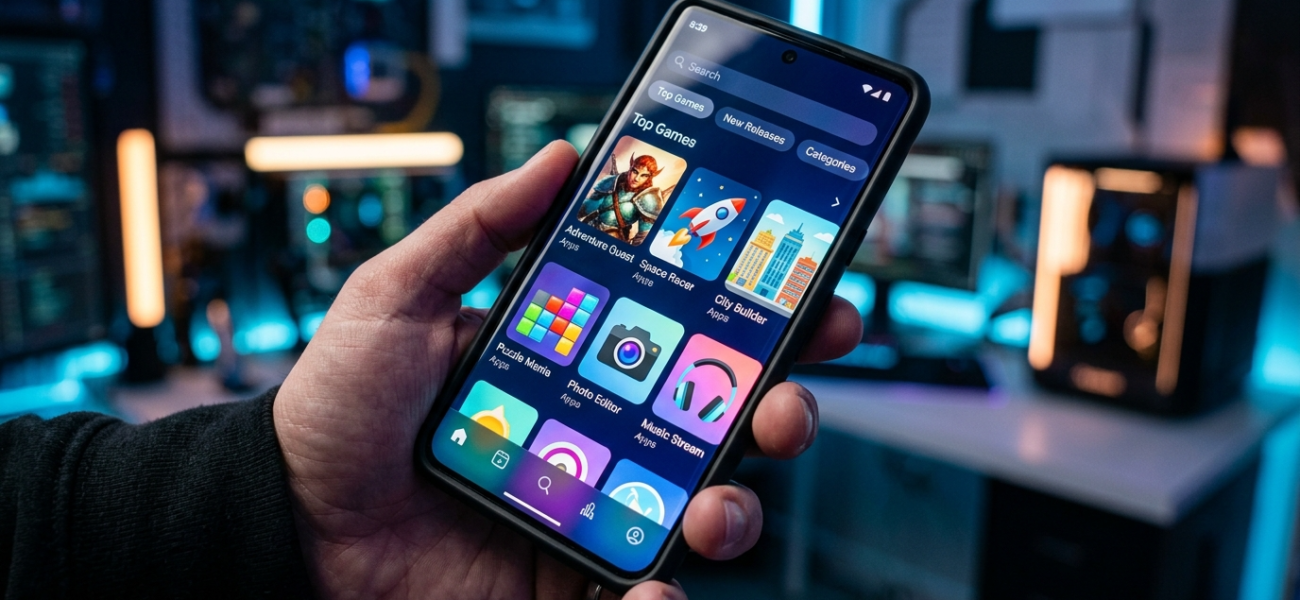 Smartfon z interfejsem Aptoide Games w Google Play trzymany w dłoni. Kolorowe gry mobilne, neonowe światło i zakrzywiony ekran. Nowinki Polska i świat.