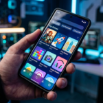 Smartfon z interfejsem Aptoide Games w Google Play trzymany w dłoni. Kolorowe gry mobilne, neonowe światło i zakrzywiony ekran. Nowinki Polska i świat.