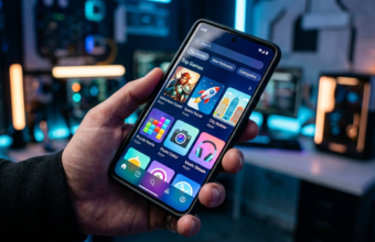 Smartfon z interfejsem Aptoide Games w Google Play trzymany w dłoni. Kolorowe gry mobilne, neonowe światło i zakrzywiony ekran. Nowinki Polska i świat.