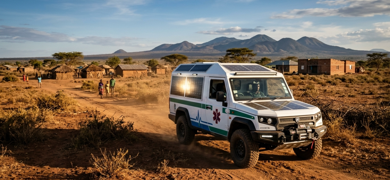 Kanciasty ambulans solarny Stella Juva na bezdrożach Kenii. Nowoczesne auto terenowe z panelami słonecznymi. Innowacyjna mobilność – Polska i świat.