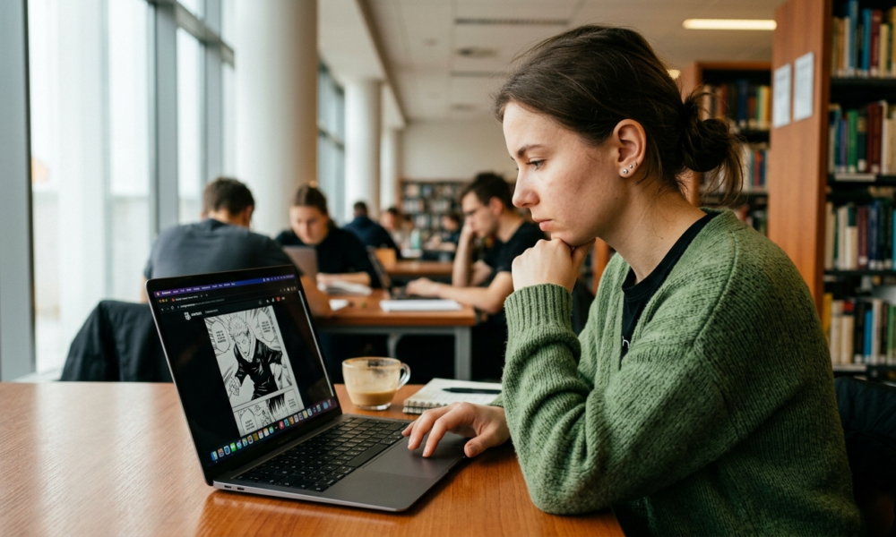 Osoba czytająca darmowe mangi Shueisha na stronie internetowej w laptopie. Polska i świat: kultura cyfrowa i gaming, milion stron mangi online po polsku.