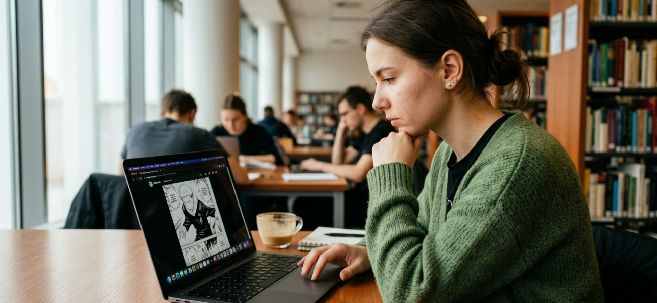 Osoba czytająca darmowe mangi Shueisha na stronie internetowej w laptopie. Polska i świat: kultura cyfrowa i gaming, milion stron mangi online po polsku.