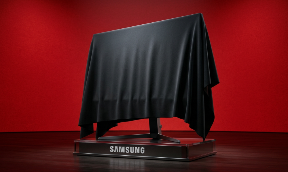 Monitor gamingowy Samsung pod tkaniną na postumencie. Scena Gamescom 2026, czerwona ściana. Rynek tech: Polska i świat. Napis Samsung widoczny na podstawie.