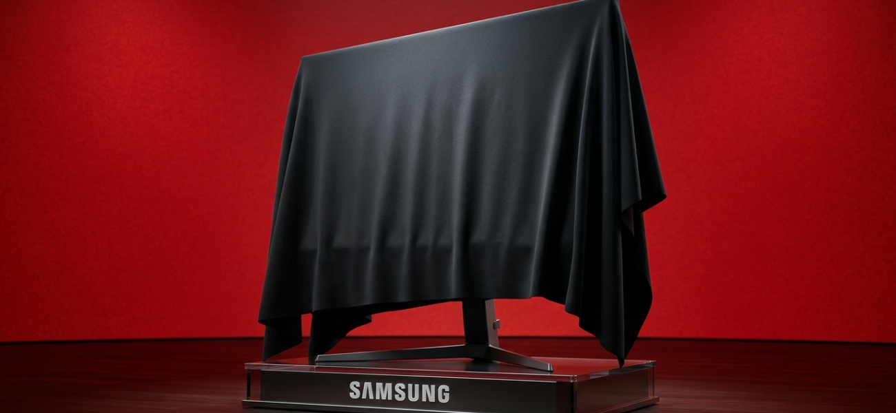 Monitor gamingowy Samsung pod tkaniną na postumencie. Scena Gamescom 2026, czerwona ściana. Rynek tech: Polska i świat. Napis Samsung widoczny na podstawie.