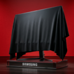 Monitor gamingowy Samsung pod tkaniną na postumencie. Scena Gamescom 2026, czerwona ściana. Rynek tech: Polska i świat. Napis Samsung widoczny na podstawie.