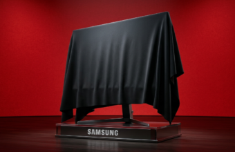 Monitor gamingowy Samsung pod tkaniną na postumencie. Scena Gamescom 2026, czerwona ściana. Rynek tech: Polska i świat. Napis Samsung widoczny na podstawie.