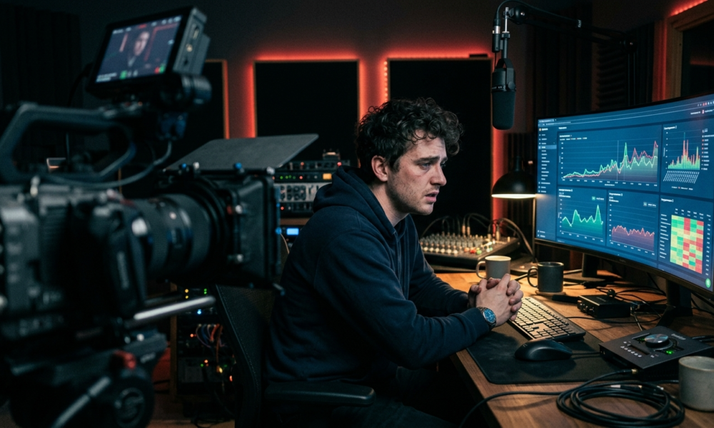 Zestresowany twórca YouTube w studio analizuje wykresy. Monetyzacja YouTube (Polska i świat) martwi rynek tech. Niebieskie światło monitora i rozmyta kamera.