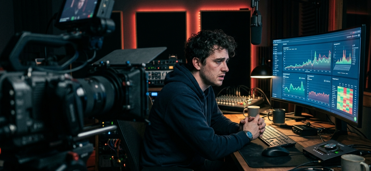 Zestresowany twórca YouTube w studio analizuje wykresy. Monetyzacja YouTube (Polska i świat) martwi rynek tech. Niebieskie światło monitora i rozmyta kamera.