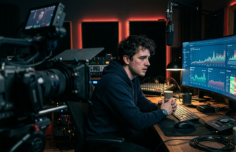 Zestresowany twórca YouTube w studio analizuje wykresy. Monetyzacja YouTube (Polska i świat) martwi rynek tech. Niebieskie światło monitora i rozmyta kamera.