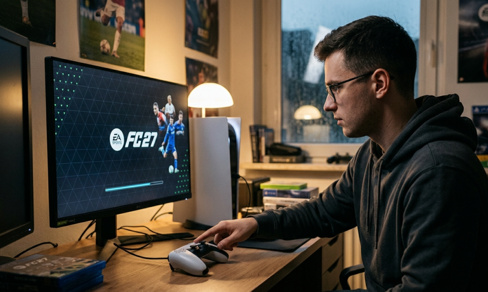 Gracz włączający grę EA Sports FC 27. Na monitorze konsoli PS5 widać ekran wczytywania. Najnowsze przecieki i gamingowe nowości – Polska i świat.