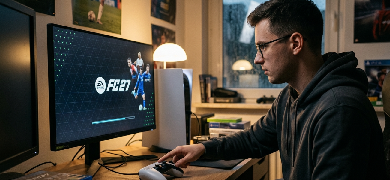 Gracz włączający grę EA Sports FC 27. Na monitorze konsoli PS5 widać ekran wczytywania. Najnowsze przecieki i gamingowe nowości – Polska i świat.