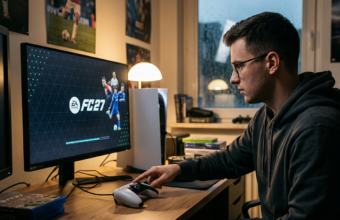 Gracz włączający grę EA Sports FC 27. Na monitorze konsoli PS5 widać ekran wczytywania. Najnowsze przecieki i gamingowe nowości – Polska i świat.