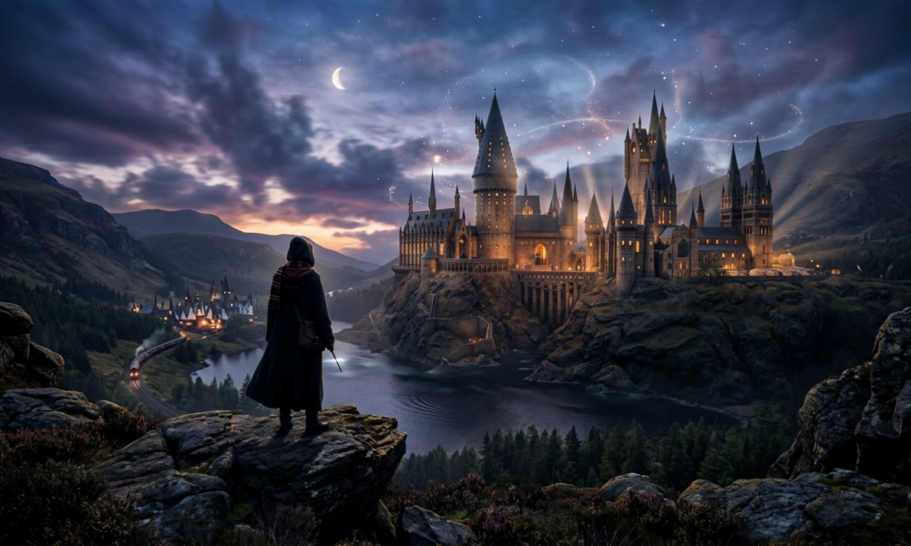 Sylwetka ucznia przed zamkiem Hogwart o zmierzchu. Gra Hogwarts Legacy 2 Warner Bros, gaming i kultura cyfrowa – Polska i świat. Magiczny, epicki krajobraz.